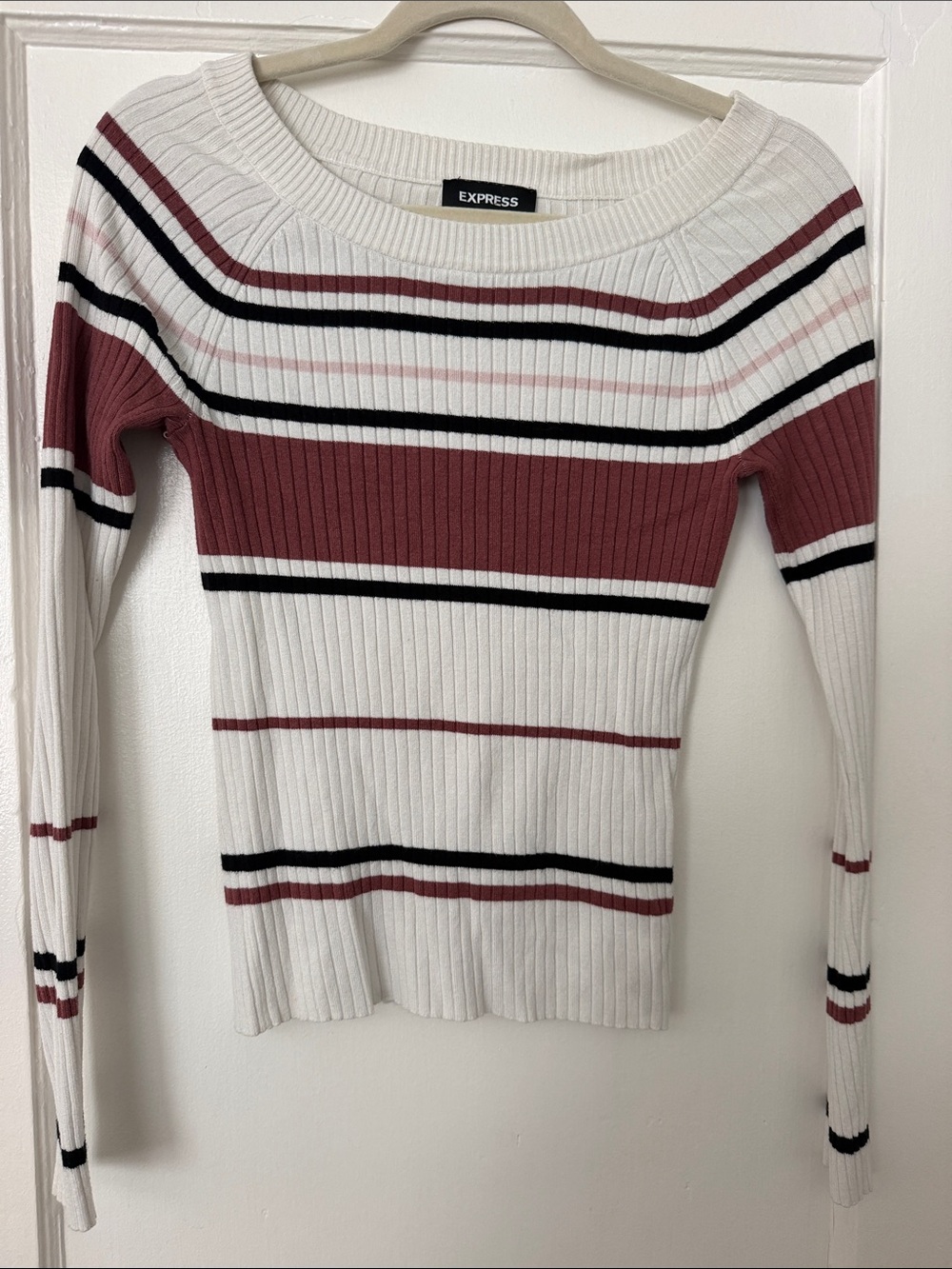 Express Off-the-Shoulder Ribbed Stripe Sweater - White, Dusty Rose & Black